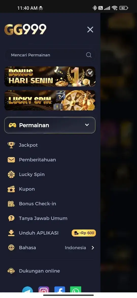 GG999 APK menu navigasi permainan dan bonus